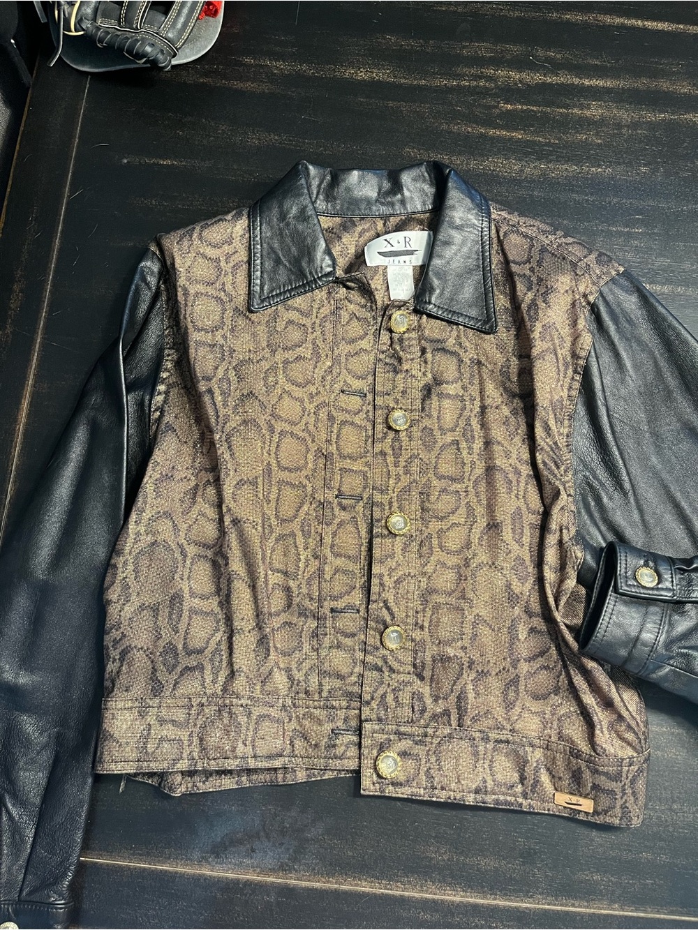 Brown Snake-Print Jacket with Black Leather trim